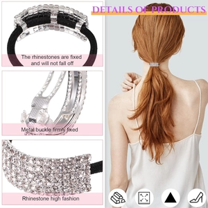 Barrette queue de cheval étincelante avec strass, placage argent et élastique robuste