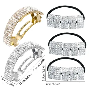 Ensemble d'élégantes pinces à cheveux en strass avec clips dorés, argentés et élastiques