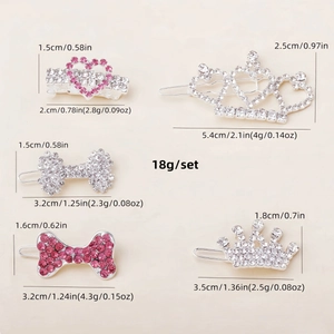 Set of 5 rhinestone hair clips for girls featuring crown, heart, and bow styles with sizes