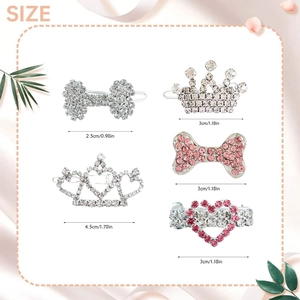 Size specifications for sparkling rhinestone crown, bow, and heart hair clips in pink and silver