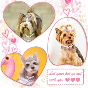 Pink rhinestone crown hair clips and pearl necklace set for small dogs and cats