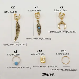 Detailed size chart for bohemian dreadlock hair rings including feather and moon charms