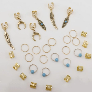 31-piece Bohemian gold hair rings set with moon feather pendants and turquoise beads