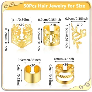 Size chart for 50pcs gold hollow braid rings with leaf and geometric patterns