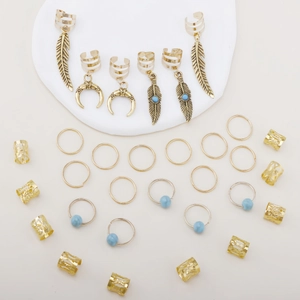 31pcs bohemian gold hair rings set with moon and leaf pendants for dreadlock styling