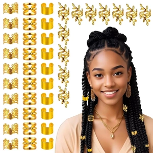 Detail of 50pcs gold hollow braid rings including leaf pendants for hair decoration