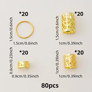 80pcs set of golden metal hair braid rings and hollow cuffs for DIY hair styling
