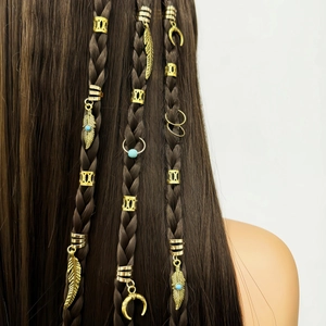 31Pcs Bohemian gold dreadlock hair rings with moon leaf charms on braided hair