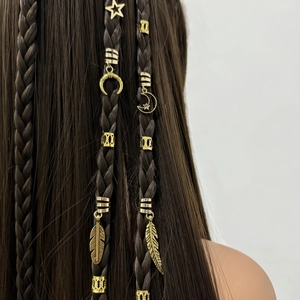 Détails de bijoux de cheveux dorés vintage avec breloques plume et étoile pour tresses