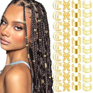 Detailed set of diverse golden hollow dreadlock rings and hair jewelry accessories