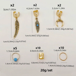 31-piece bohemian gold hair ring set with blue beads and moon leaf charms