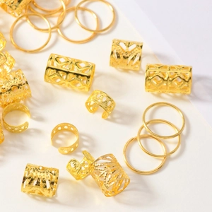 Golden hair braid rings set with hollow patterns and metal loops for DIY hairstyling