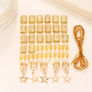 36-piece gold metal hair jewelry set with star pendants and dreadlock cuffs for DIY styling