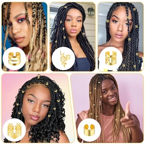 Adjustable gold dreadlock hair rings set with hollow leaf and crown floral designs