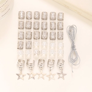 36pcs silver hair jewelry set with star pendants and metal rings for braids