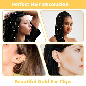 Gold hollow hair rings and ear clips set with stripe pattern shown on multiple models