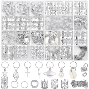 Kit de 259 bijoux de cheveux avec anneaux et breloques argentés dans une boîte
