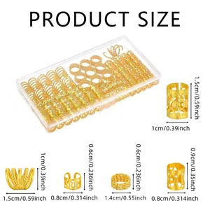 Size chart showing various dimensions for gold hollow and braided dreadlock hair rings