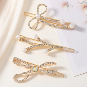 Dreiteiliges goldenes Haarspangen-Set mit Perlen, Schleifen und Strass-Verzierungen