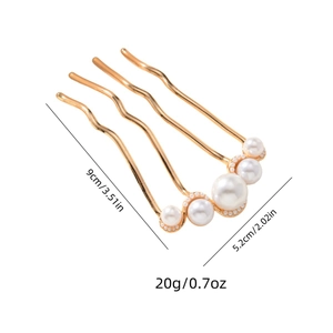 Elegant 9cm gold metal hair comb with wave teeth and white faux pearls for women