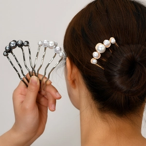 Elegant U-shaped pearl hair pins set in gold, silver, and gunmetal finishes for bun styling
