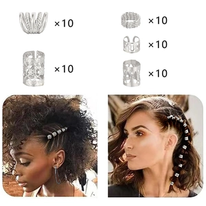 50-piece set of silver dreadlock hair rings with hollow floral and woven metal designs