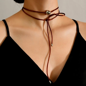 Minimalist Alloy Sphere Pendant Necklace With Brown Cord Adjustable Silver Ball Choker For Women Korean Style Fashion Jewelry