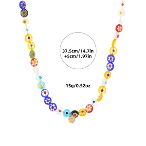 Collier bohème perles de verre colorées avec fleurs, œil protecteur et pendentif doré