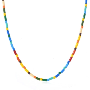 Colorful cylindrical bead necklace in Bohemian style with vibrant multi-colored enamel beads