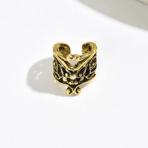 Detailed macro view of vintage hollow crown pattern on the antique gold ear cuff