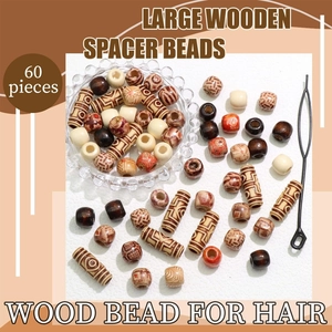 Macro detail of 60 pieces printed wooden beads with patterns and hair braiding tool