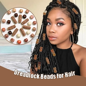 Mix of 60pcs printed wooden dreadlock beads with vintage patterns for hair styling