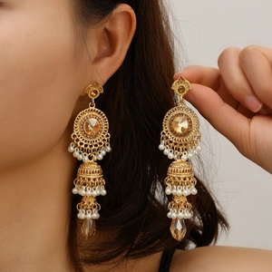 Boucles d'Oreilles Ethniques Vintage Style Thaïlandais Jhumka à Gland pour Femmes Alliage Plaqué Or Strass Champagne Künstliche Perle Longues Cloches