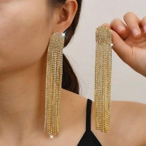 Luxury Alloy Rhinestone Long Tassel Earrings Oversized Sparkling Crystal Drop Earrings For Women Wedding Banquet Party Jewelry