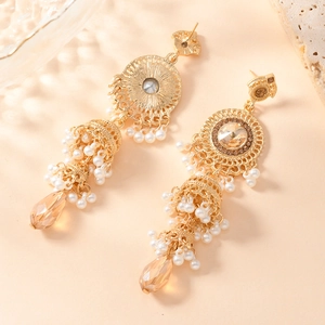 Boucles d'oreilles cloche vintage dorées avec gemmes champagne et perles blanches