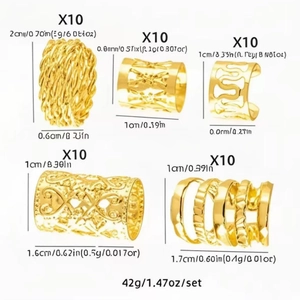 Detailed set of 50 gold hollow hair rings with woven and heart patterns for braiding hair