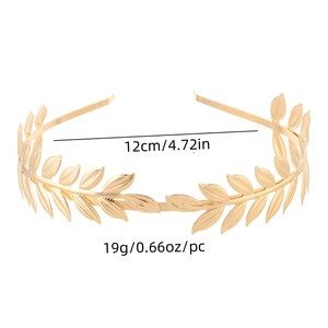 Golden laurel leaf metal headband in classic Greek style with 12cm width and 19g weight
