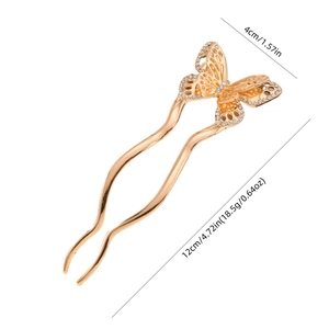 Golden U-shaped hairpin with rhinestone hollow butterfly detail and size measurements