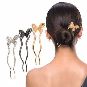 Vintage Alloy Butterfly Hair Stick With Rhinestones Elegant U-Shaped Hairpin For Women Party Wedding Hair Accessories