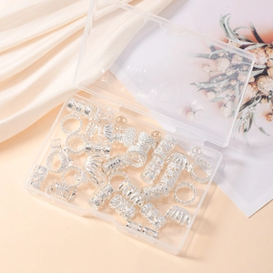 Set of 50 silver hollow mesh hair rings for dreadlocks and DIY braids in a clear storage box