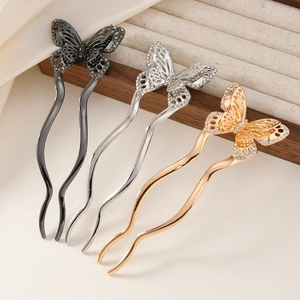 U-shaped butterfly hair fork set with sparkling rhinestones in gold, silver, and grey