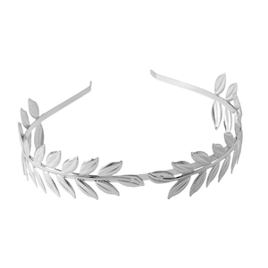 Detail of silver metallic olive leaf headband with fine vein textures and polished finish