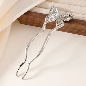 Silver U-shaped butterfly hair fork with sparkling rhinestones and hollow metal design