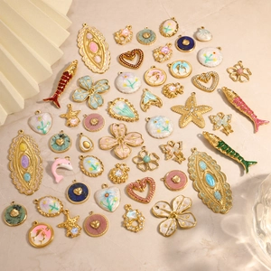 DIY Stainless Steel Pendant Charms Colorful Enamel Heart Flower Butterfly Fish Shell Shapes Gold Plated Jewelry Accessories