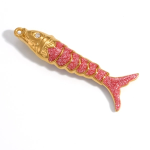 Pink glitter fish charm pendant with 18K gold plating for DIY jewelry making