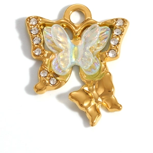 18K gold plated butterfly charm pendant with crystals and iridescent inlay for jewelry DIY