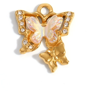 Macro detail of 18K gold-plated butterfly charm with zircons and iridescent resin