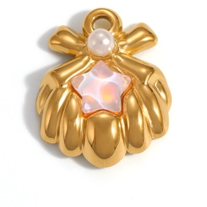 Detail of 18K gold-plated shell pendant with white pearl and iridescent star charm