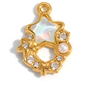 Detail of 18K gold-plated star pendant with rainbow opal center and white pearl accents