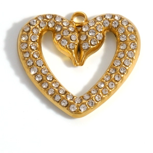 Detail of 18K gold-plated double heart pendant with micro-pave white rhinestones